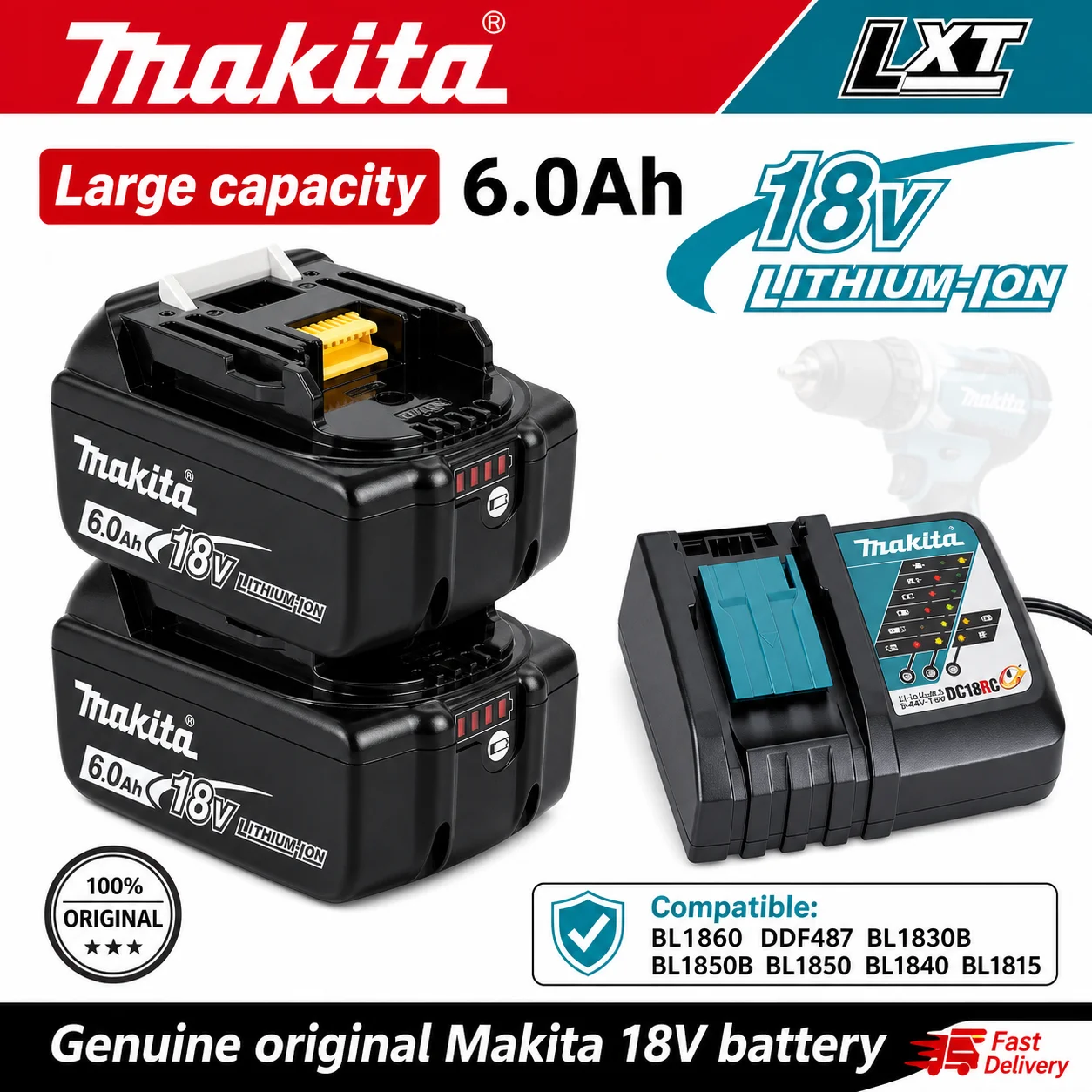 Makita 18V 6.0Ah 100% Genuine Rechargeable Battery Suitable for BL1815 BL1840 BL1850 BL1860
Makita 18V 6.0Ah 100% Genuine Rechargeable Battery Suitable for BL1815 BL1840 BL1850 BL1860