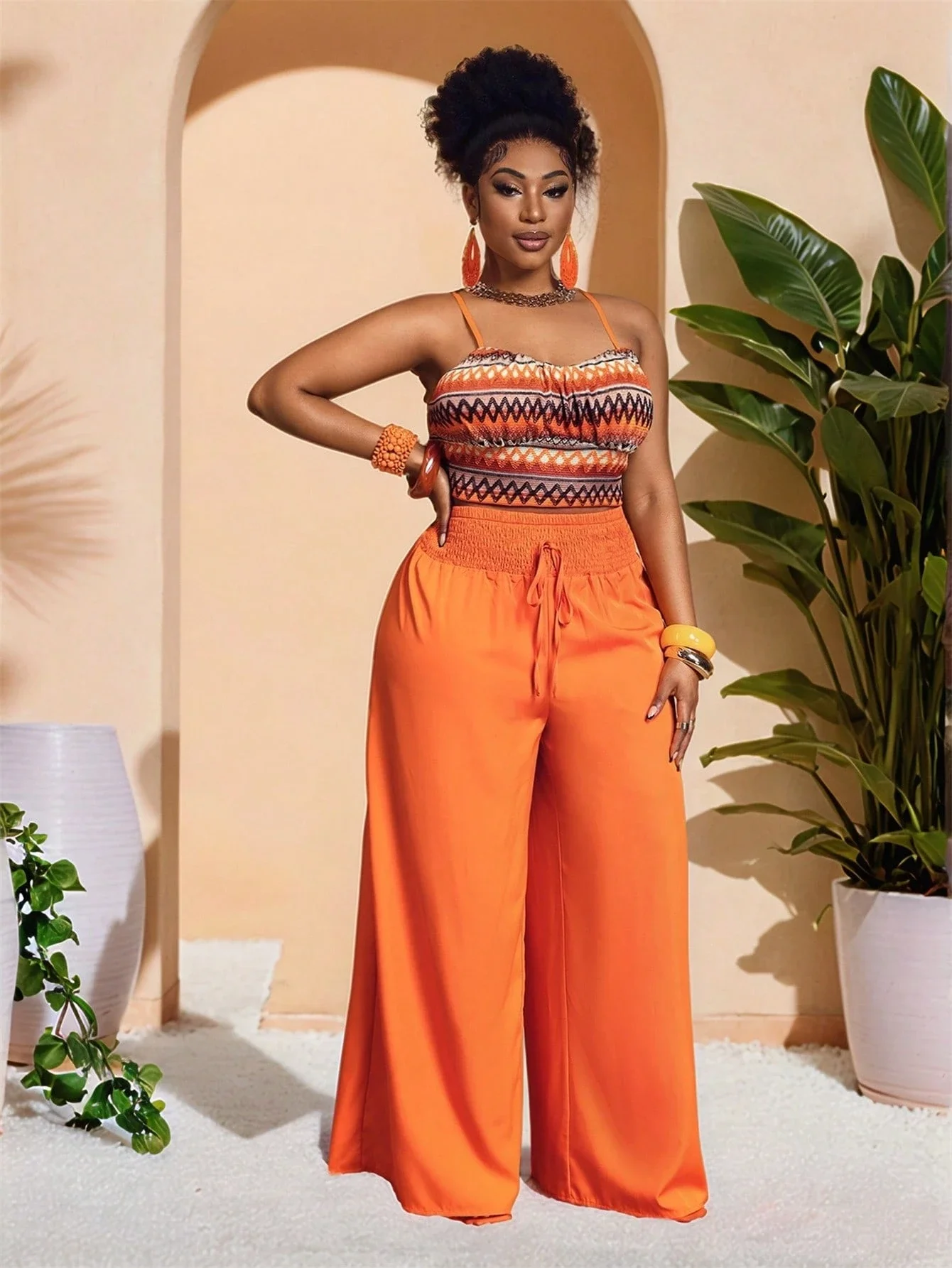 Summer Beach Plus Size Women Vacation Casual Striped Knit Camisole Top And Solid Orange Wide Leg Pants 2 Piece Set
Summer Beach Plus Size Women Vacation Casual Striped Knit Camisole Top And Solid Orange Wide Leg Pants 2 Piece Set