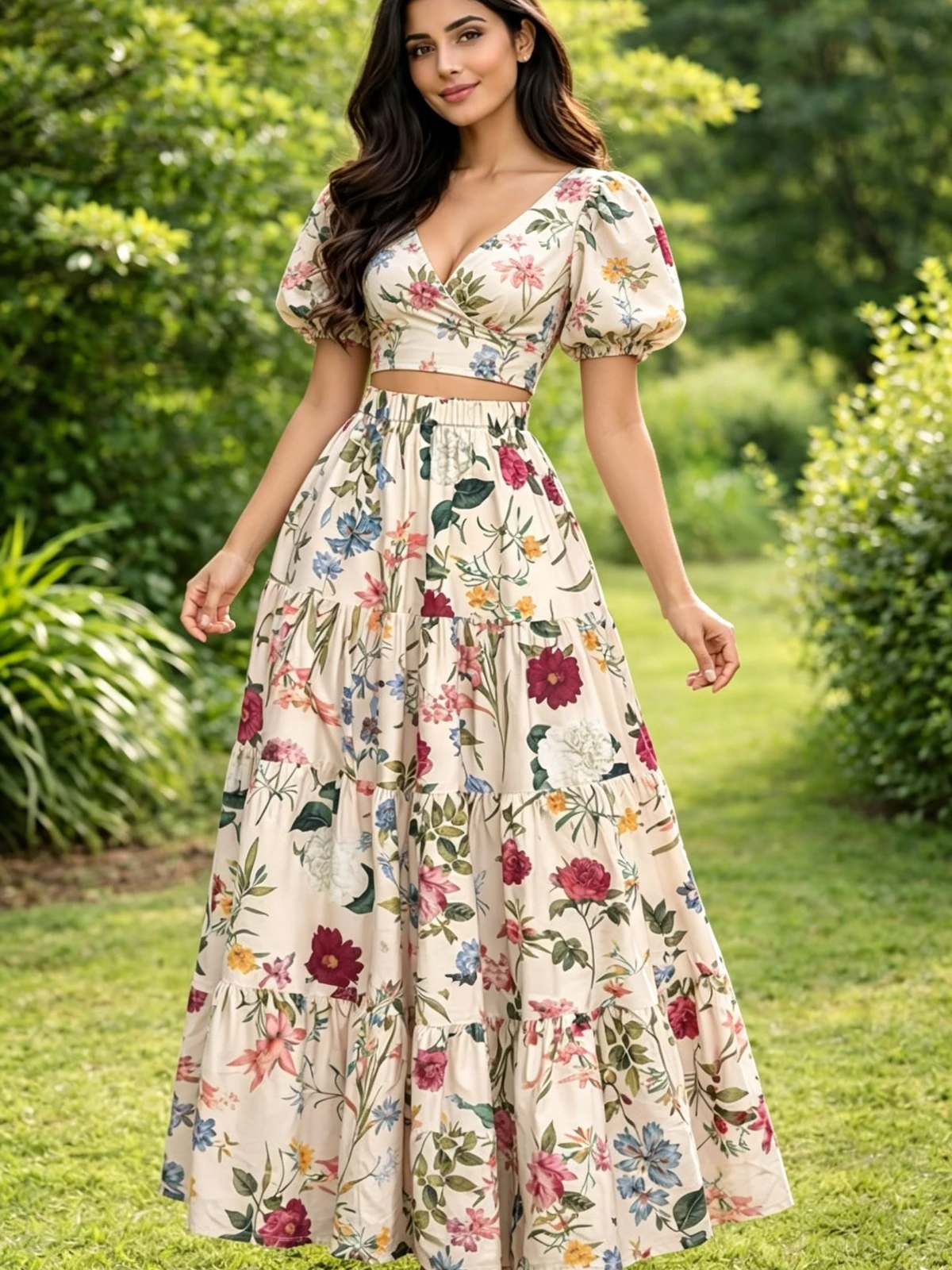 Women Floral Print Puff Sleeve V Neck Crop Top And Tiered Maxi Skirt Outfit For Summer Casual And Garden Occasion
Women Floral Print Puff Sleeve V Neck Crop Top And Tiered Maxi Skirt Outfit For Summer Casual And Garden Occasion