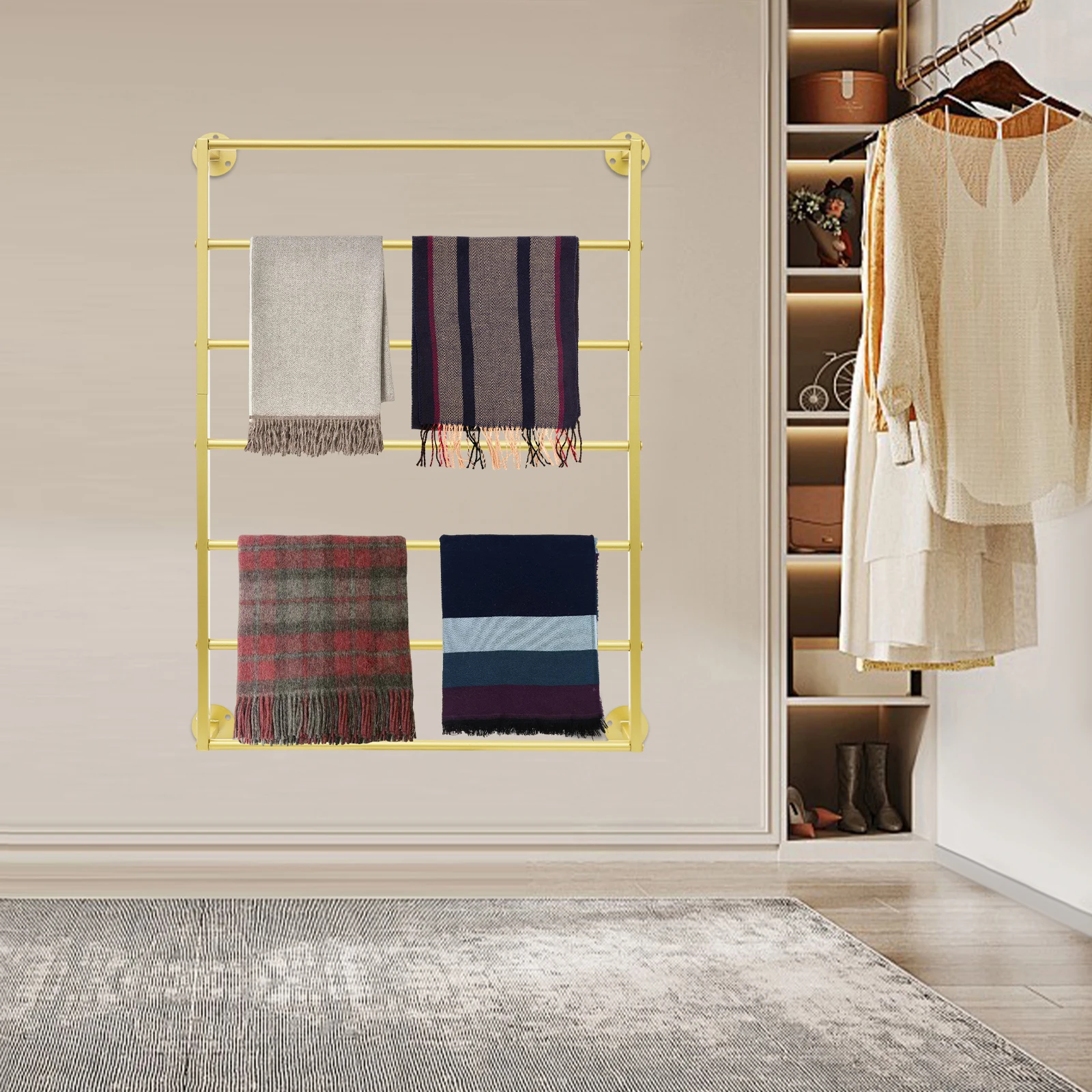 7-Layer Metal Wall Organizer, Gold Finish Space Saving Rack for Scarves & Towels, 50lbs Heavy Duty Storage Solution
7-Layer Metal Wall Organizer, Gold Finish Space Saving Rack for Scarves & Towels, 50lbs Heavy Duty Storage Solution