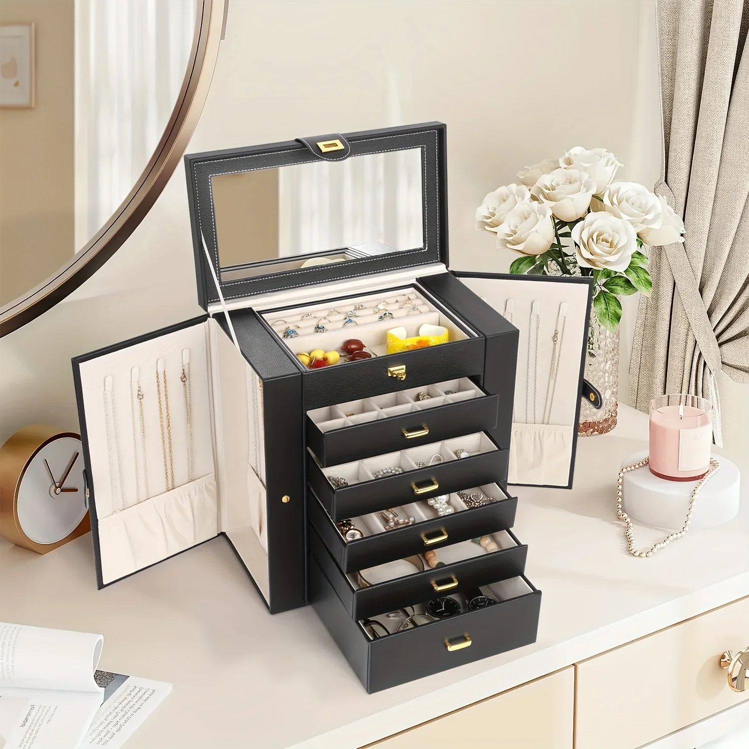 Oversized Jewelry Box Measuring 12.75''X6.7''X12'', Made of Faux Leather, Featuring 6 Tiers And 5 Drawers, Offering Ample
Oversized Jewelry Box Measuring 12.75''X6.7''X12'', Made of Faux Leather, Featuring 6 Tiers And 5 Drawers, Offering Ample