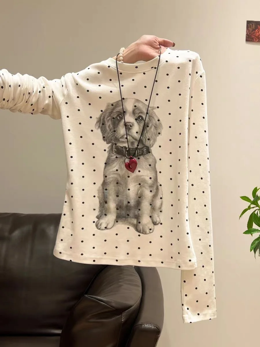 Retro Korean Sle Long Sve T-irt Polka Dot Dog Print Slim Fit Spring Autumn Faionable Casual Top for Young Women
Retro Korean Sle Long Sve T-irt Polka Dot Dog Print Slim Fit Spring Autumn Faionable Casual Top for Young Women