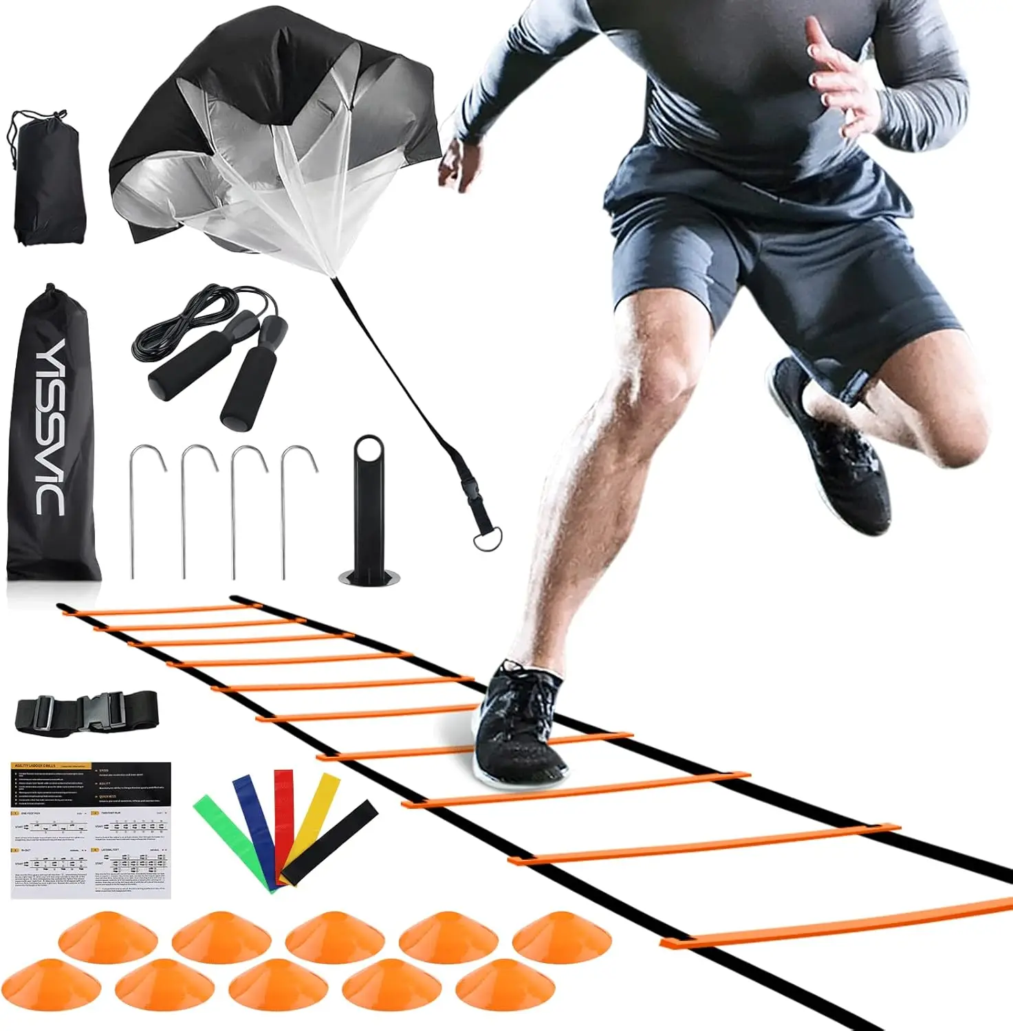 Agility Ladder 20ft with 12 Adjustable Rungs, Speed Training Set with Cones, Parachute, Jump Rope, and Resistance Bands for
Agility Ladder 20ft with 12 Adjustable Rungs, Speed Training Set with Cones, Parachute, Jump Rope, and Resistance Bands for