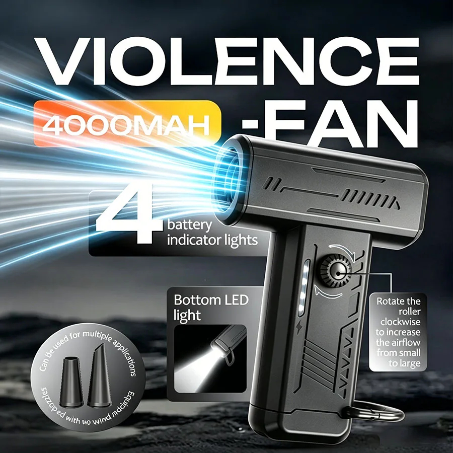High Speed Handheld Turbo Fan 13000 RPM, Stepless Speed, LED Light, 4000mAh Rechargeable, Mini Handheld Fan for Camping, Inflati
High Speed Handheld Turbo Fan 13000 RPM, Stepless Speed, LED Light, 4000mAh Rechargeable, Mini Handheld Fan for Camping, Inflati