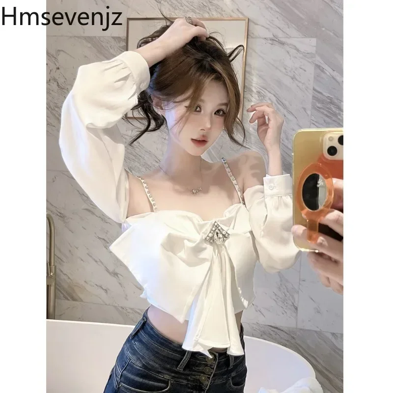 Spring Sweet Girl One line Neck Chiffon Off Back Bow Spicy Girl Long sleeved Camisole with Ruffle Edge Short Shirts Women Tops
Spring Sweet Girl One line Neck Chiffon Off Back Bow Spicy Girl Long sleeved Camisole with Ruffle Edge Short Shirts Women Tops
