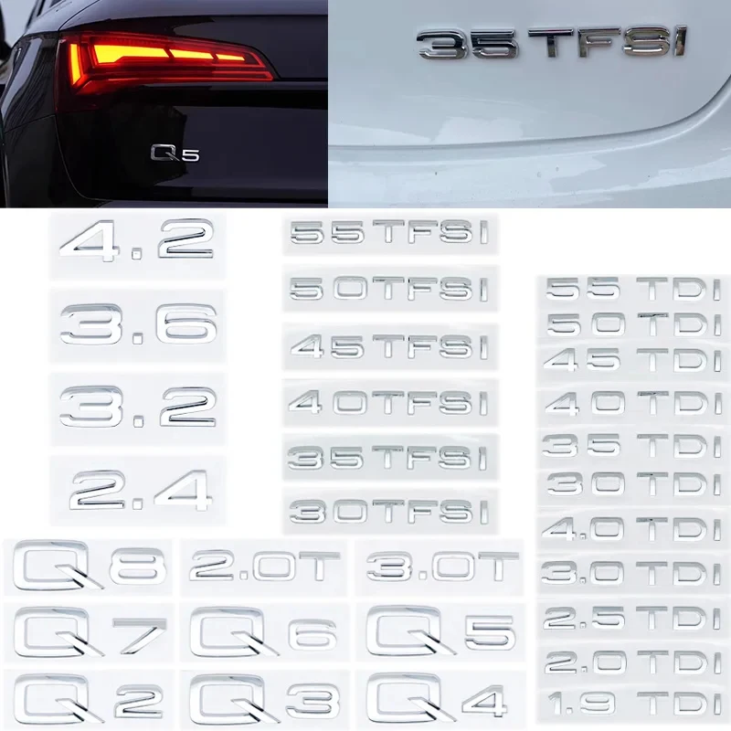 For Audi Q2 Q3 Q4 Q5 Q6 Q7 Q8 Model 1.9 2.0 2.5 3.0 4.0 5.0TDI 30 35 40 45 50 55TFSI Version 2.0 3.0T 3D Car trunk logo sticker
For Audi Q2 Q3 Q4 Q5 Q6 Q7 Q8 Model 1.9 2.0 2.5 3.0 4.0 5.0TDI 30 35 40 45 50 55TFSI Version 2.0 3.0T 3D Car trunk logo sticker