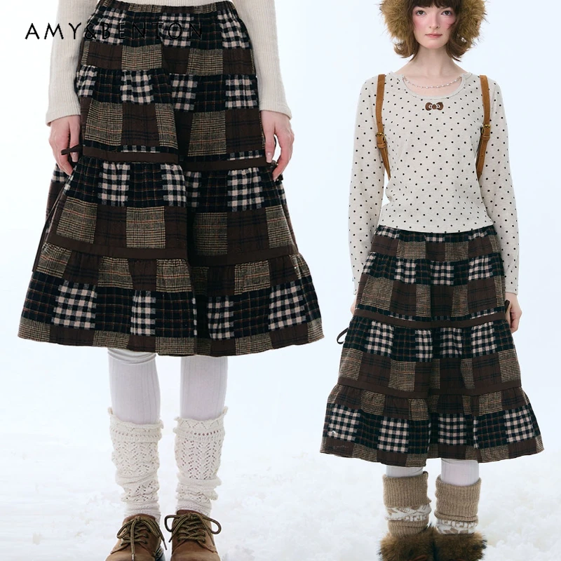 Autumn Winter Dark Brown Splicing Plaid Women's Mid-Length Skirt Retro Design Loose High Waist Slimming Versatile Skirts Ladies
Autumn Winter Dark Brown Splicing Plaid Women's Mid-Length Skirt Retro Design Loose High Waist Slimming Versatile Skirts Ladies