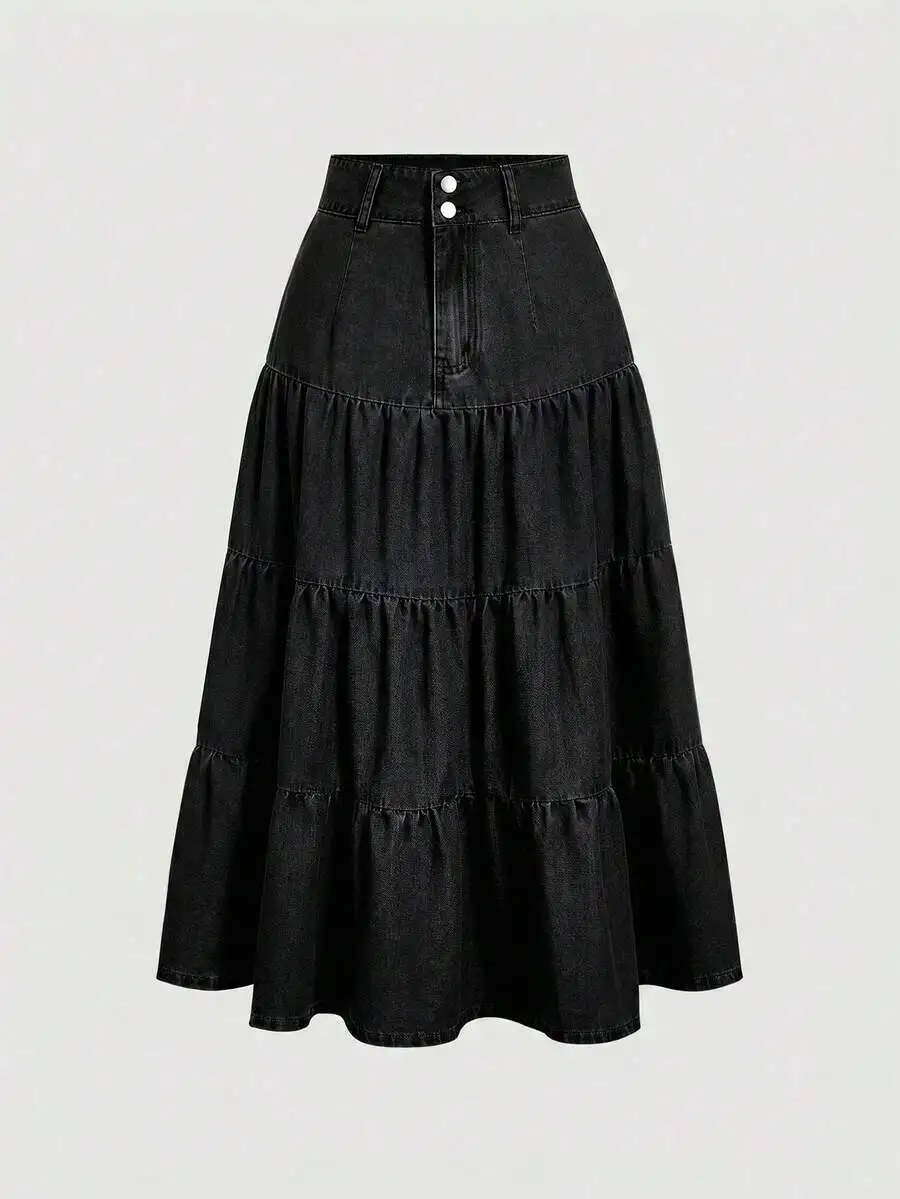 Womens Solid Color Ruffle Tiered Denim Midi Skirt Casual High Waist
Womens Solid Color Ruffle Tiered Denim Midi Skirt Casual High Waist