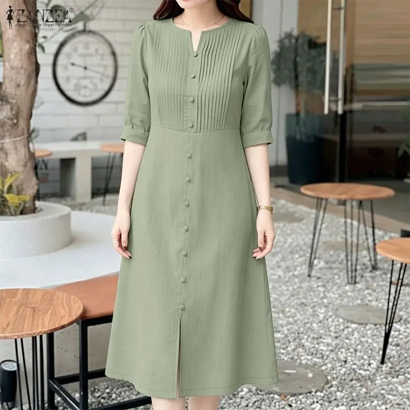 Fashion Summer V Neck Half Sleeve Sundress ZANZEA Women Stylish Split Hem Dress 2026 Casual Solid Pleated Work Dresses Midi Robe
Fashion Summer V Neck Half Sleeve Sundress ZANZEA Women Stylish Split Hem Dress 2026 Casual Solid Pleated Work Dresses Midi Robe
