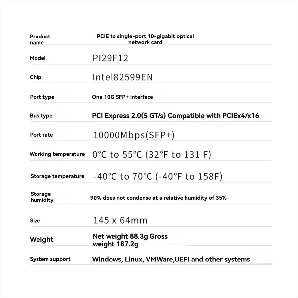 (A26M) PCIe X4 Single Port 10G SFP+ Network Card X520-DA1 82599EN 10GbE NBBASE-T NIC Fiber Adapter for Windows Linux Servers
(A26M) PCIe X4 Single Port 10G SFP+ Network Card X520-DA1 82599EN 10GbE NBBASE-T NIC Fiber Adapter for Windows Linux Servers