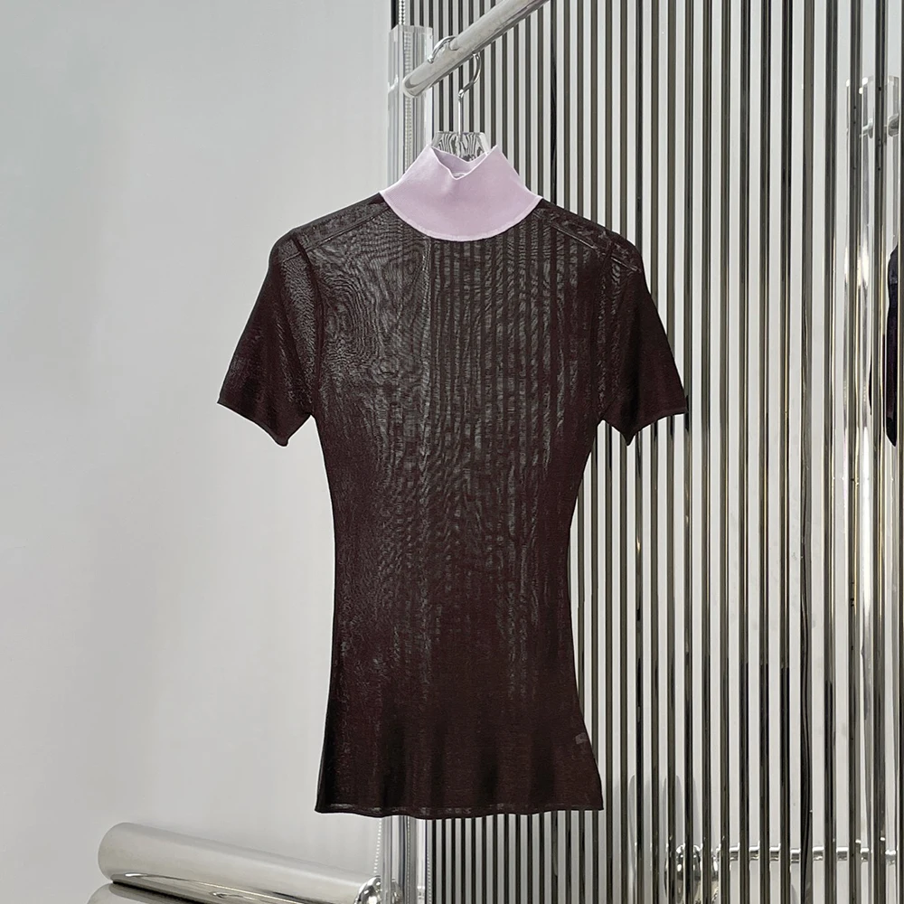 2026 New Women's Contrast Color Turtleneck Sheer T-shirt, Short Sleeve Slim Fit Mesh Top, Elegant See-Through Layering Blouse
2026 New Women's Contrast Color Turtleneck Sheer T-shirt, Short Sleeve Slim Fit Mesh Top, Elegant See-Through Layering Blouse