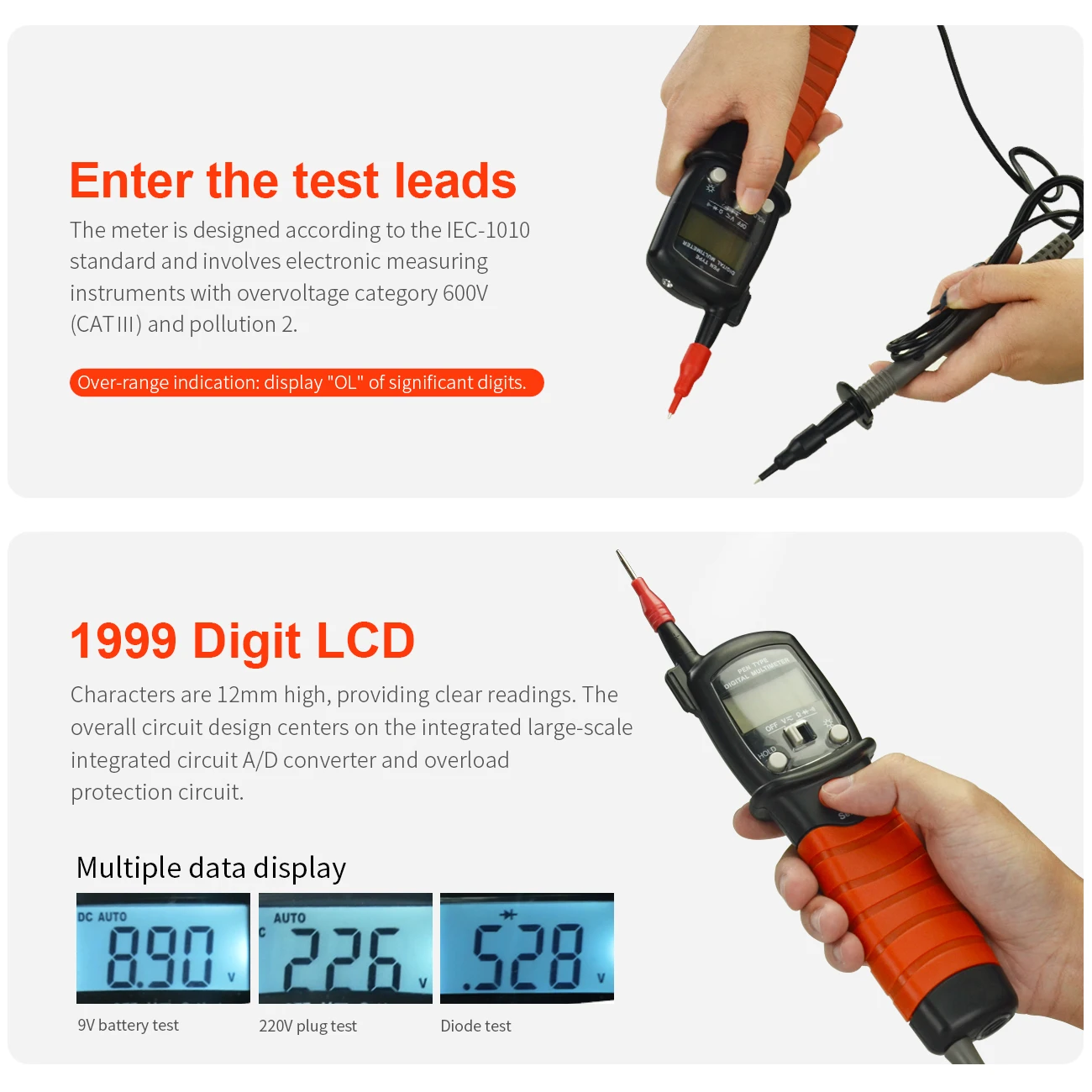 Pen-type multimeter, voltage/resistance/continuity, true RMS measurement, large screen with backlight display
Pen-type multimeter, voltage/resistance/continuity, true RMS measurement, large screen with backlight display