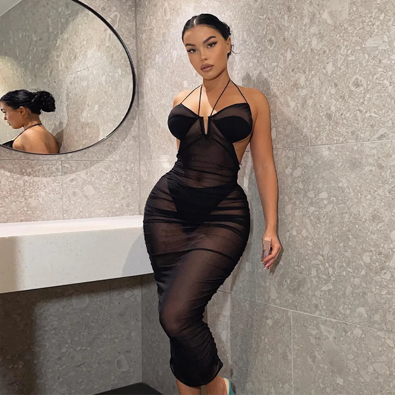 2025 Summer Sexy Sling Backless Dress Sheer Mesh Halter Neck Tie Side Party Club Dress Y2K See Through Bodycon Dress for Women
2025 Summer Sexy Sling Backless Dress Sheer Mesh Halter Neck Tie Side Party Club Dress Y2K See Through Bodycon Dress for Women