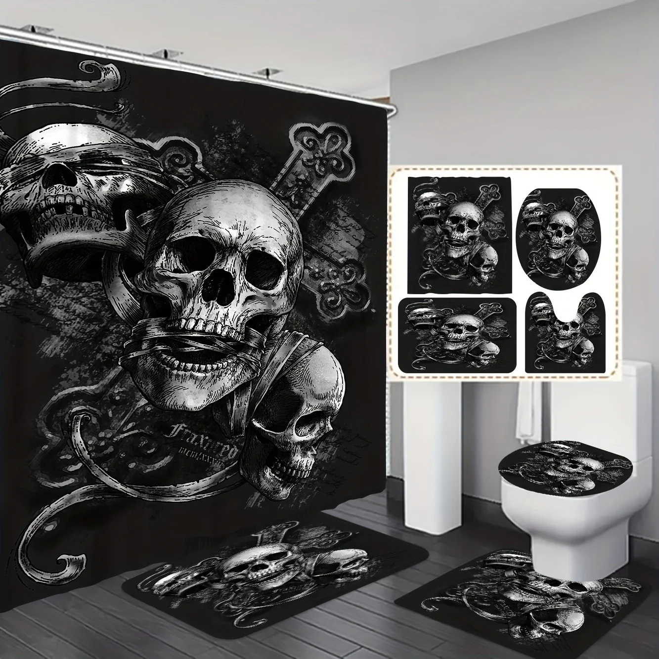 Элегантный готический череп с крестом и розами. Набор для ванной комнаты — водонепроницаемая занавеска для душа, крышка унитаза, коврик для ванной и контурный коврик.
Элегантный готический череп с крестом и розами. Набор для ванной комнаты — водонепроницаемая занавеска для душа, крышка унитаза, коврик для ванной и контурный коврик.