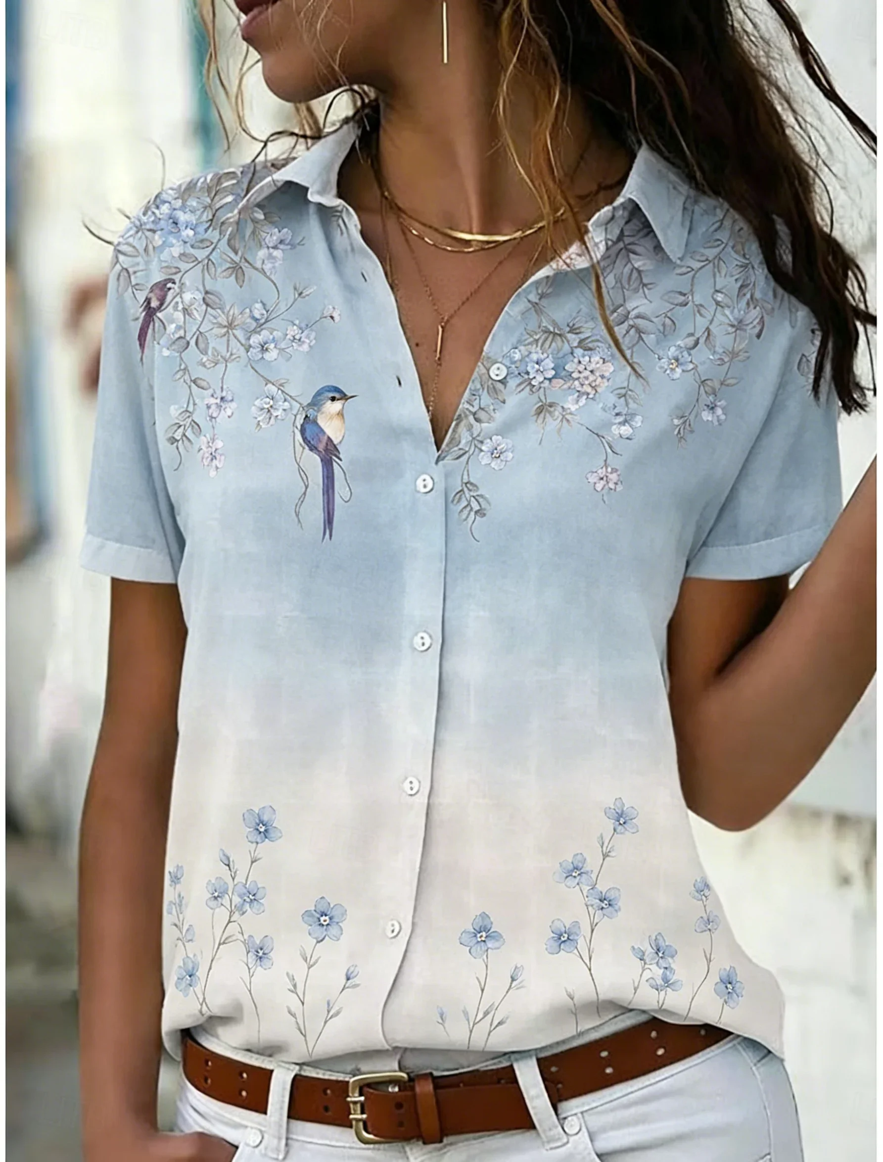 Women's Short Sleeve Lapel Floral & Bird Print Button-Up Shirt Casual Tops for Spring Summer Daily Holiday Blouses
Women's Short Sleeve Lapel Floral & Bird Print Button-Up Shirt Casual Tops for Spring Summer Daily Holiday Blouses