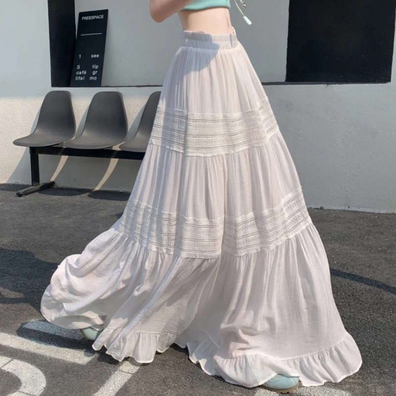 105cm Maxi Long Skirts Women Spring Summer White Skirts Goth Cute High Waisted Hollow Out Splice Lace Ankle-Length Ruffle Skirt
105cm Maxi Long Skirts Women Spring Summer White Skirts Goth Cute High Waisted Hollow Out Splice Lace Ankle-Length Ruffle Skirt