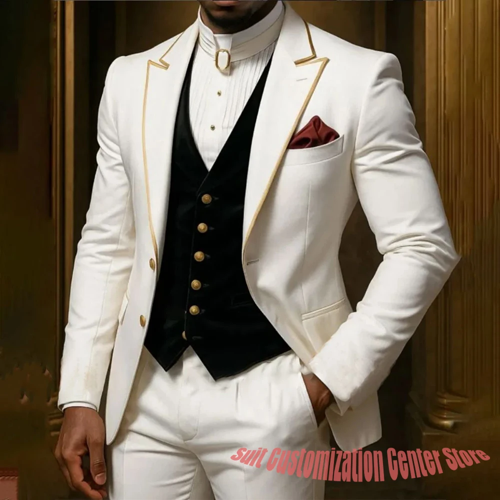 Elegant Men's Suits Single Breasted Peaked Lapel with Gold Trim Blazer Black Velvet Vest Set Groom Wedding Formal Party Tuxedo
Elegant Men's Suits Single Breasted Peaked Lapel with Gold Trim Blazer Black Velvet Vest Set Groom Wedding Formal Party Tuxedo