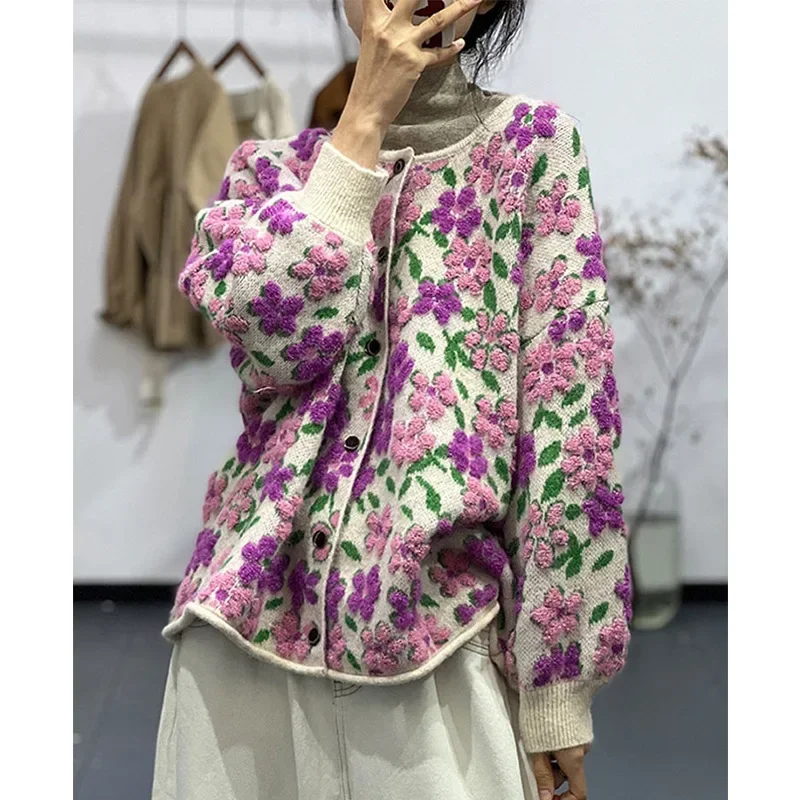 Autumn Winter Knit Cardigan Women Flowers Sweater Knitting Coat Round Collar Single Breasted Knitwear Loose Fit Casual Sweaters
Autumn Winter Knit Cardigan Women Flowers Sweater Knitting Coat Round Collar Single Breasted Knitwear Loose Fit Casual Sweaters