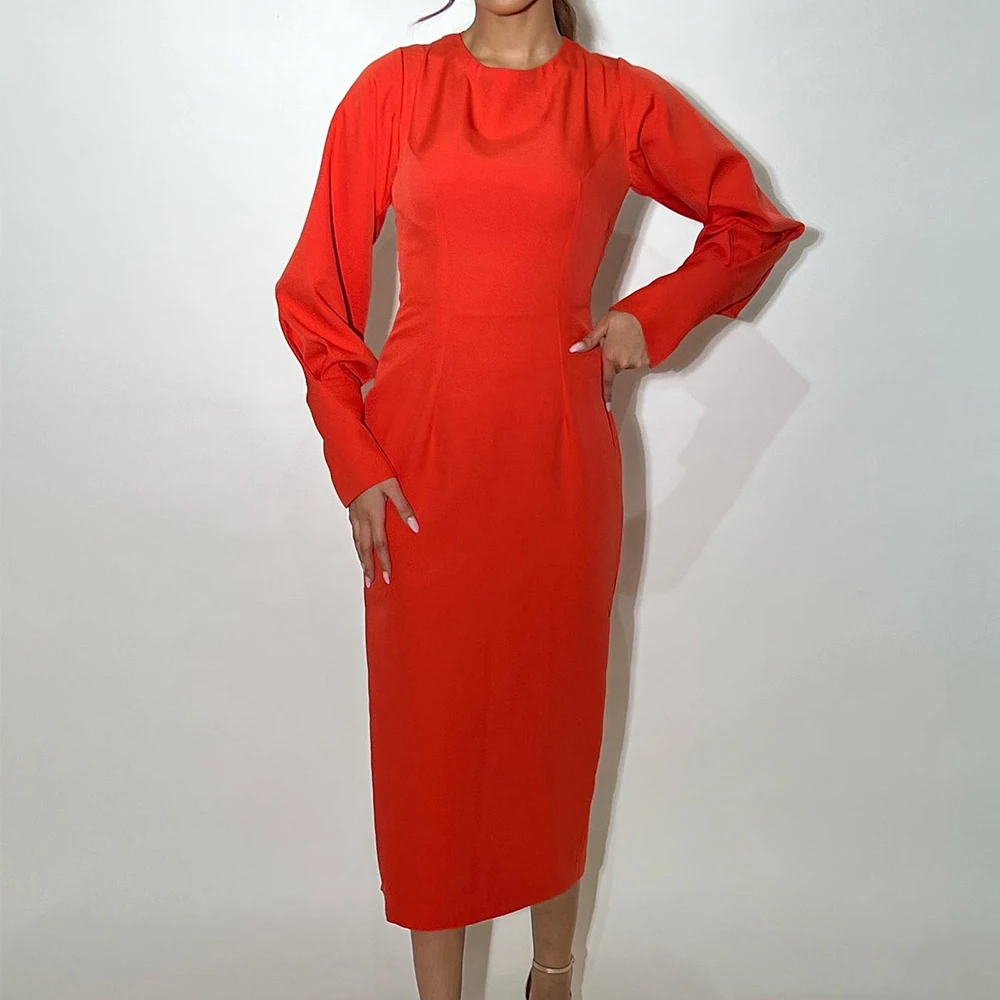 Customized Jersey Straight O-neck Evening Dress Tea Length Long Sleeves High Quality Solid Color Party Gowns Saudi Ara
Customized Jersey Straight O-neck Evening Dress Tea Length Long Sleeves High Quality Solid Color Party Gowns Saudi Ara