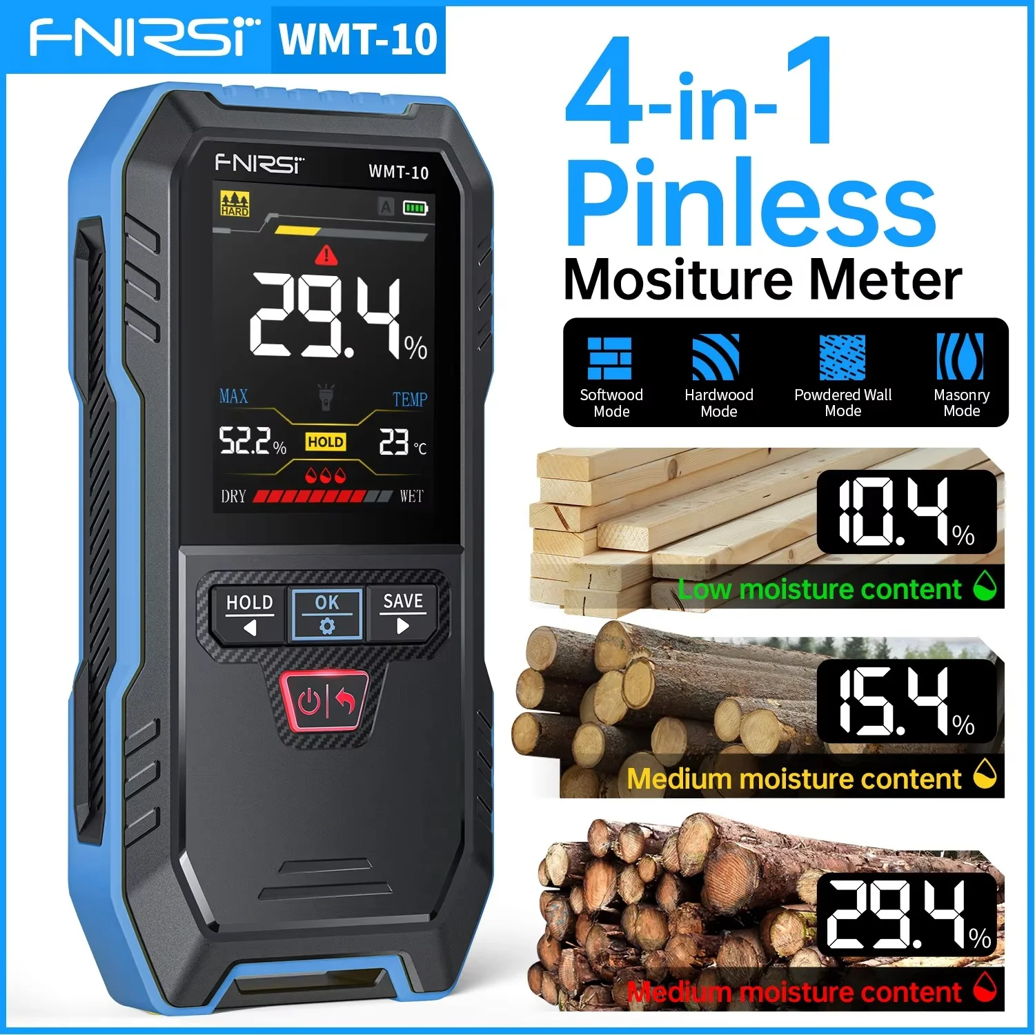 FNIRSI WMT-10 Wood Moisture Meter Inductive Non Destructive Humidity Tester Measurement Depth 17mm Measuring Timber and Walls