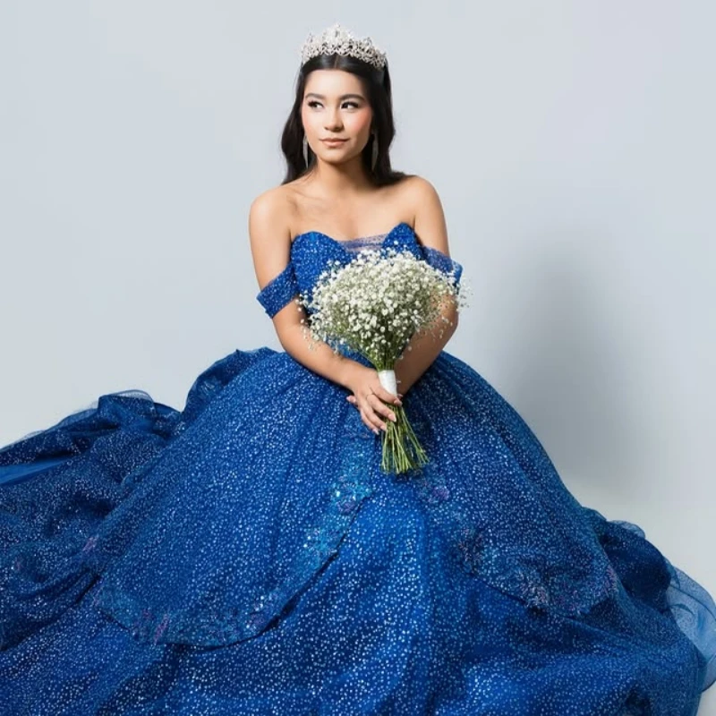Sea Blue Shiny Ball Gown Quinceanera Dresses Beading Crystal Tiered Tull Corset Off The Shoulder Sweet 16 Dress vestidos 15 de
Sea Blue Shiny Ball Gown Quinceanera Dresses Beading Crystal Tiered Tull Corset Off The Shoulder Sweet 16 Dress vestidos 15 de