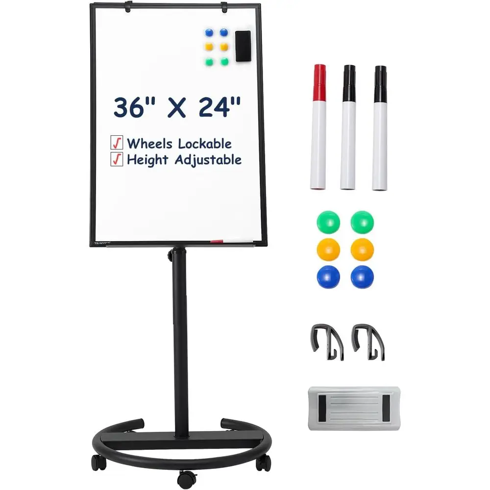 Adjustable Height Magnetic Mobile Whiteboard, 36x24 Rolling Dry Erase Board with Hooks, Black
Adjustable Height Magnetic Mobile Whiteboard, 36x24 Rolling Dry Erase Board with Hooks, Black
