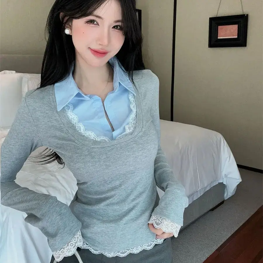 Fake Two Piece T-Shirt Spliced Lace Lapel Sweater Women Early Autumn New Temperament Versatile Casual Slim Top
Fake Two Piece T-Shirt Spliced Lace Lapel Sweater Women Early Autumn New Temperament Versatile Casual Slim Top