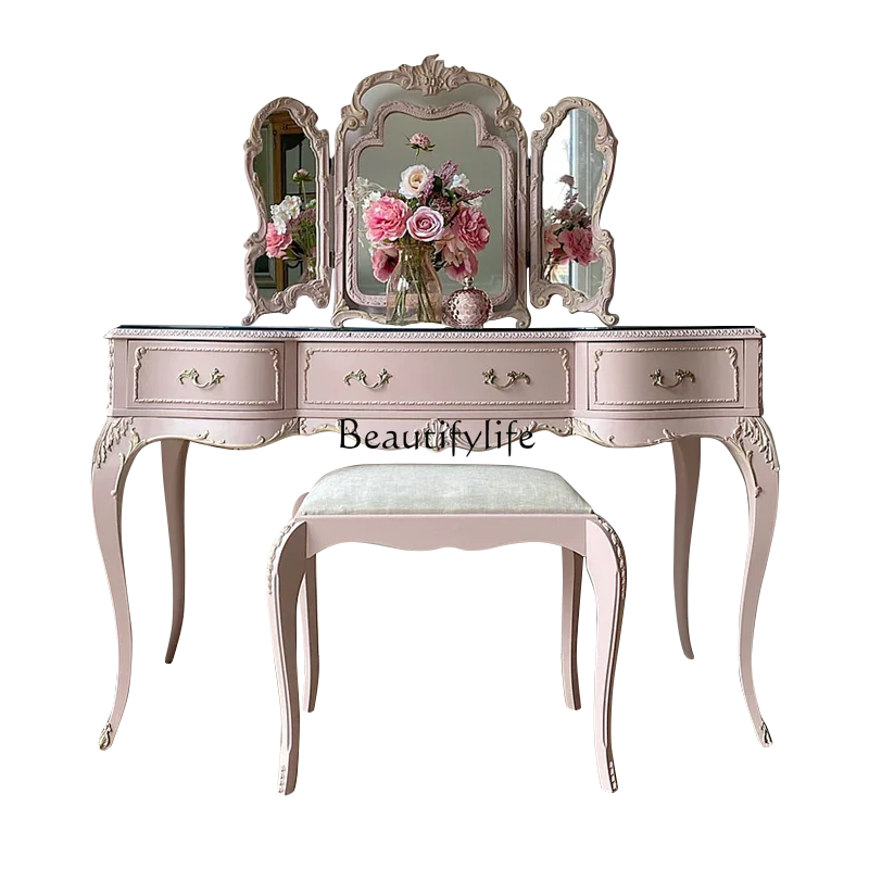 American French solid wood pink bedroom princess dressing table makeup mirror light luxury simple
American French solid wood pink bedroom princess dressing table makeup mirror light luxury simple