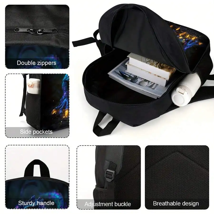 Lightweight Black Printed Backpack With Double Zippers Side Pockets Adjustable Straps Breathable Design
Lightweight Black Printed Backpack With Double Zippers Side Pockets Adjustable Straps Breathable Design