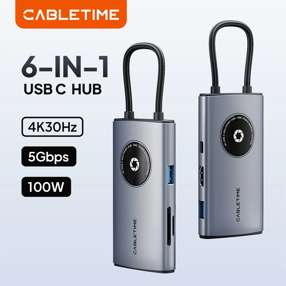 CABLETIME 6 in 1 USB C HUB 4K 60Hz HDMI PD100W SD&TF Card Reader USB3.0 5Gbps Hub Adapter for Laptop Macbook Pro Air
CABLETIME 6 in 1 USB C HUB 4K 60Hz HDMI PD100W SD&TF Card Reader USB3.0 5Gbps Hub Adapter for Laptop Macbook Pro Air