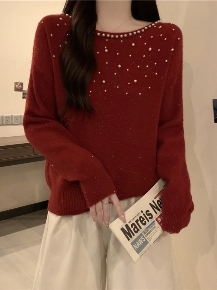 Red Knitted Sweater Women's Spring Autumn plus Size Slimming Design Bead Embellished Knitwear Base Shirt Top for New Year
Red Knitted Sweater Women's Spring Autumn plus Size Slimming Design Bead Embellished Knitwear Base Shirt Top for New Year