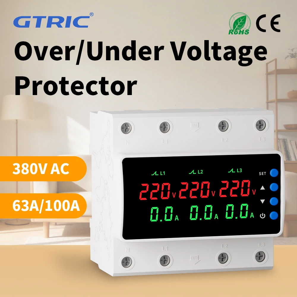 GTRIC Three-Phase Over Under voltage protector 380VAC 100A DIN Rail adjustable Over voltage Protection Relay Current Protection
GTRIC Three-Phase Over Under voltage protector 380VAC 100A DIN Rail adjustable Over voltage Protection Relay Current Protection