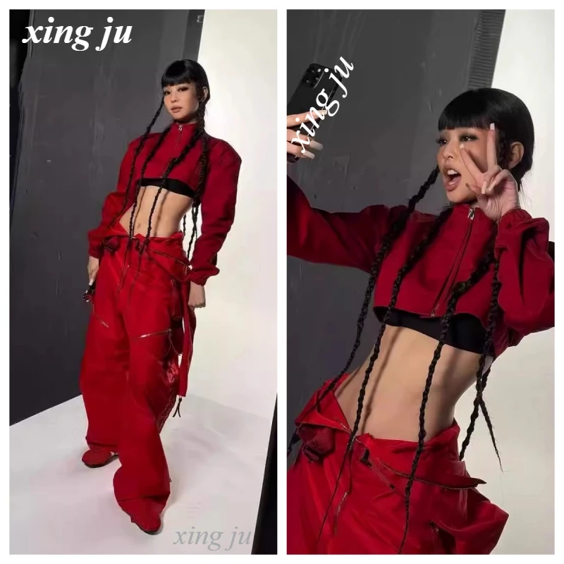 Women Singer Jennie Jazz Dance Costume Red Short Jackets Sexy Vest Kpop Loose Pants Outfits Nightclub Dj Stage Performance Wear
Women Singer Jennie Jazz Dance Costume Red Short Jackets Sexy Vest Kpop Loose Pants Outfits Nightclub Dj Stage Performance Wear