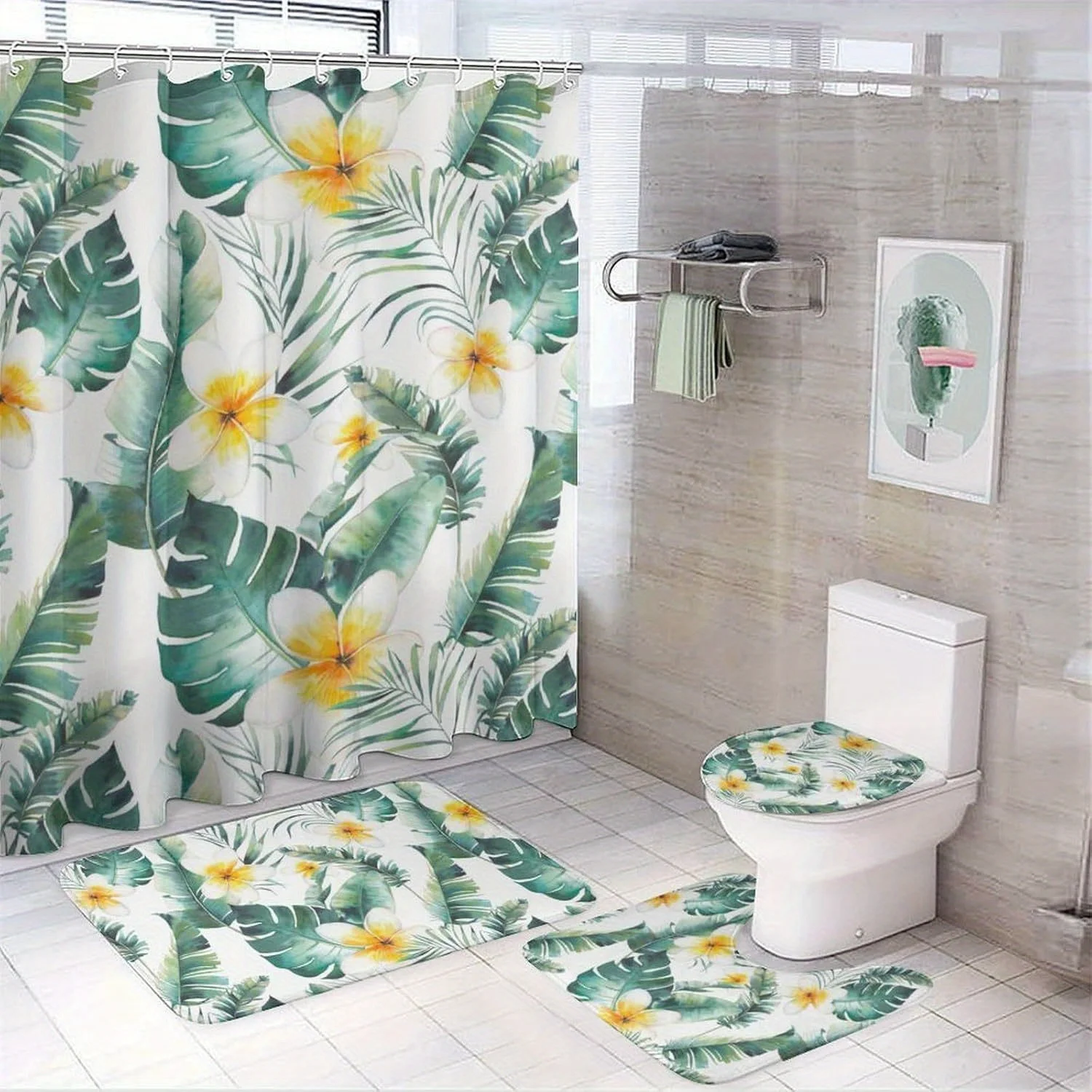 4 шт. Цветочный узор тропической пальмы, можно стирать в машине, полиэфирная ткань, занавеска для душа, коврик для унитаза, нескользящий коврик U-образный коврик
4 шт. Цветочный узор тропической пальмы, можно стирать в машине, полиэфирная ткань, занавеска для душа, коврик для унитаза, нескользящий коврик U-образный коврик