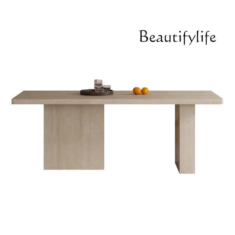 French travertine rock slab dining table hanging rectangular household travertine dining table dining chair combination
French travertine rock slab dining table hanging rectangular household travertine dining table dining chair combination