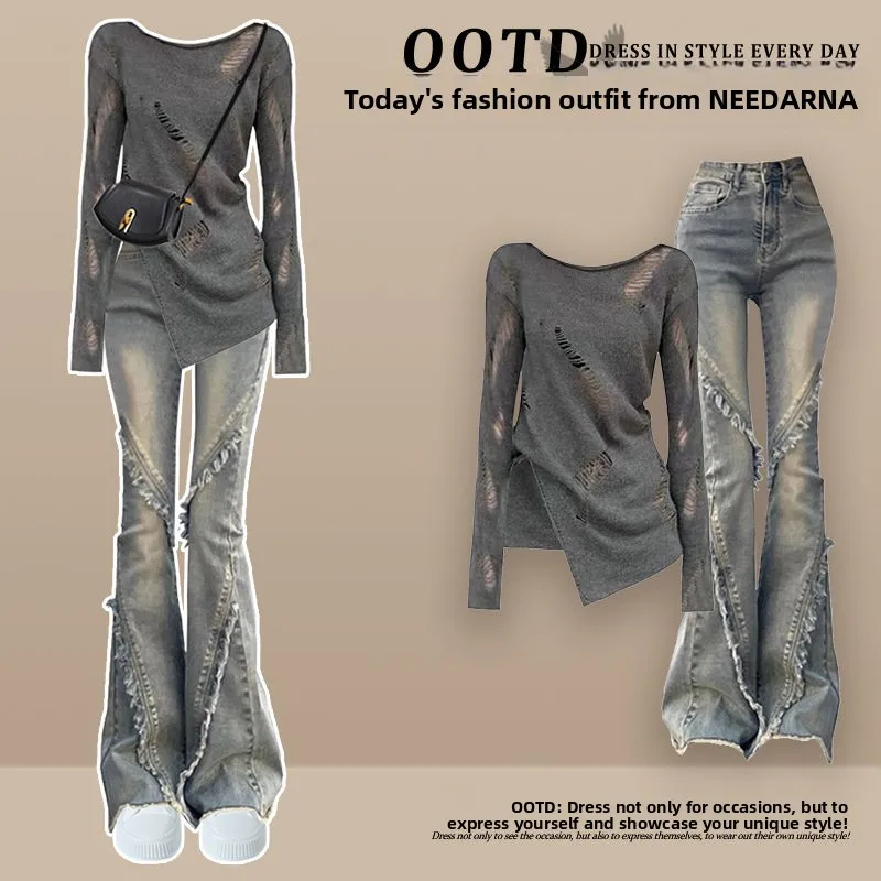 Осенний модный комплект 2025: Стильный вязаный свитер с вырезами и джинсы с рваными элементами, комплект из двух предметов, хлопок, круглый вырез
Осенний модный комплект 2025: Стильный вязаный свитер с вырезами и джинсы с рваными элементами, комплект из двух предметов, хлопок, круглый вырез