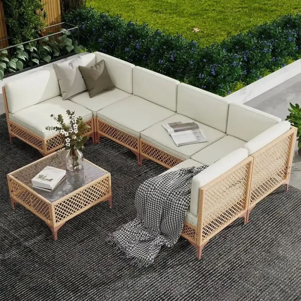 7 Piece Outdoor Patio Furniture Set, Patio Sectional Furniture Set, Wicker Outdoor Couch Sets with Glass Table and Cushions
7 Piece Outdoor Patio Furniture Set, Patio Sectional Furniture Set, Wicker Outdoor Couch Sets with Glass Table and Cushions
