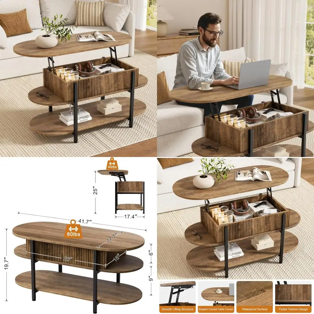 Овальный журнальный столик с подъемным верхом и рифленым деревянным центром и скрытым хранилищем, 3-х уровневые небольшие столики с изогнутыми краями для современной жизни
Овальный журнальный столик с подъемным верхом и рифленым деревянным центром и скрытым хранилищем, 3-х уровневые небольшие столики с изогнутыми краями для современной жизни