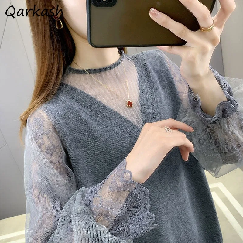 Sheer Pullovers Women Long Sleeve Lace Design O-neck Solid Korean Style Loose Autumn Clothing Ladies Outwear Chic Comfortable
Sheer Pullovers Women Long Sleeve Lace Design O-neck Solid Korean Style Loose Autumn Clothing Ladies Outwear Chic Comfortable