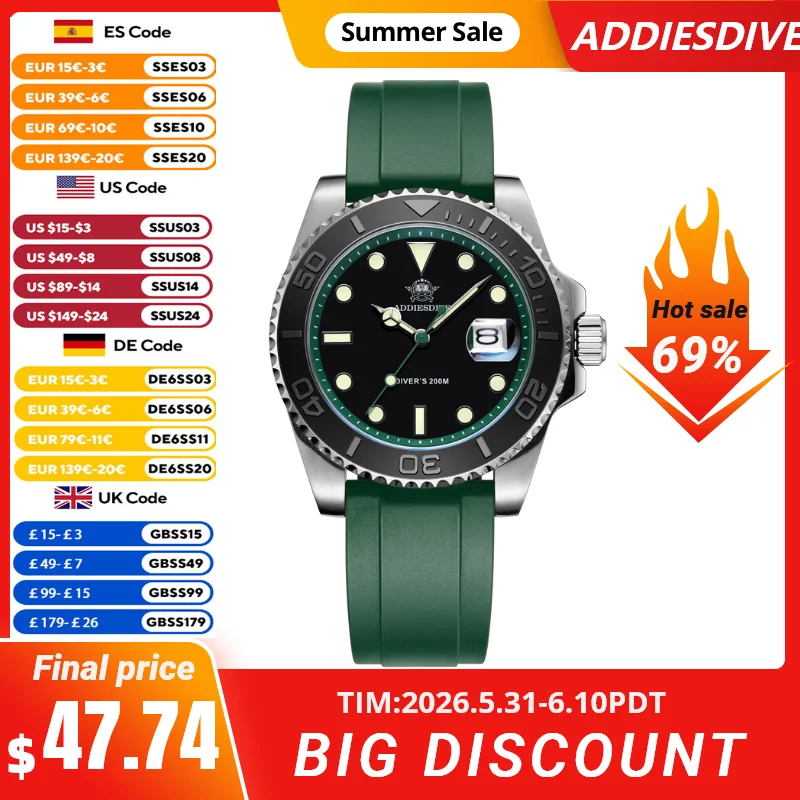 ADDIESDIVE Waterproof Men's Watch 41mm Rotatable Bezel Fashion Rubber BGW9 Super Luminous 200m Diving Quartz Watch Reloj Hombre
ADDIESDIVE Waterproof Men's Watch 41mm Rotatable Bezel Fashion Rubber BGW9 Super Luminous 200m Diving Quartz Watch Reloj Hombre