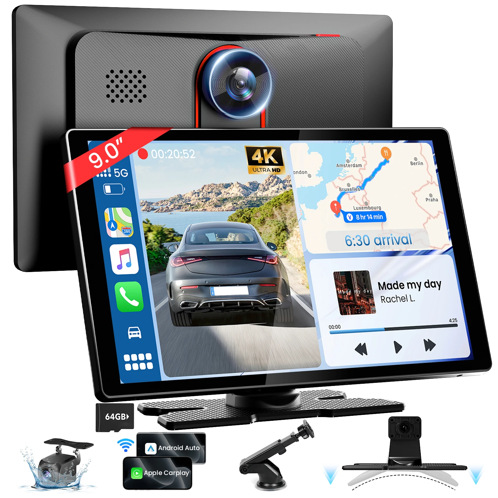 9-inch carplay 4K+1080P parking assist, GPS navigation, circular camera, Q5 chip, 64GB memory, compatible with all vehicles
9-inch carplay 4K+1080P parking assist, GPS navigation, circular camera, Q5 chip, 64GB memory, compatible with all vehicles