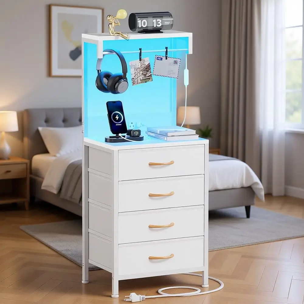 38 LED-lit Charging Station Nightstand, 4 Fabric Drawers, Metal Frame, Wood Shelves
38 LED-lit Charging Station Nightstand, 4 Fabric Drawers, Metal Frame, Wood Shelves
