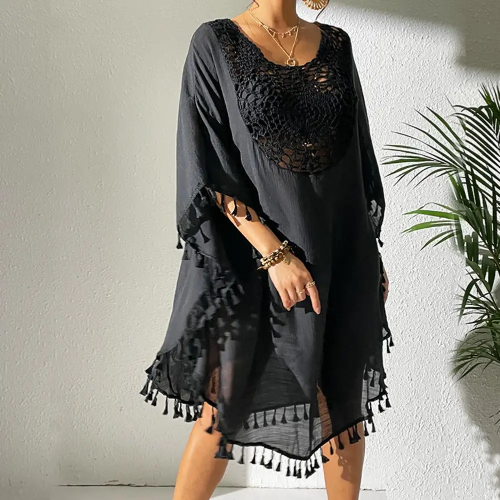 Women Beach Bikini Cover Up O-Neck Half Sleeve Fringed Hollow Design Loose Fit Swimsuit Dress Solid Loose Fit Cover Up Dress
Women Beach Bikini Cover Up O-Neck Half Sleeve Fringed Hollow Design Loose Fit Swimsuit Dress Solid Loose Fit Cover Up Dress