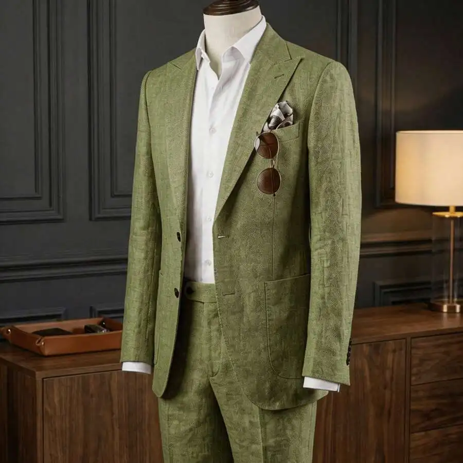 Olive Green Linen Two-Piece Men’s Suit Regular Fit Single-Breasted Blazer And Trousers For Formal Casual Events
Olive Green Linen Two-Piece Men’s Suit Regular Fit Single-Breasted Blazer And Trousers For Formal Casual Events