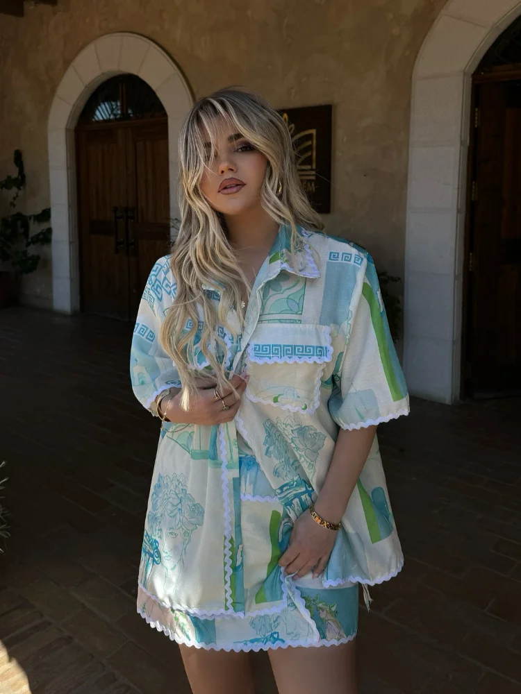 Women Elegant Printed Ruffles Hem Shorts Set Women's Fashion Lapel Short Sleeve Pockets Shirt Suits Lady Seaside Holidays Outfit
Women Elegant Printed Ruffles Hem Shorts Set Women's Fashion Lapel Short Sleeve Pockets Shirt Suits Lady Seaside Holidays Outfit