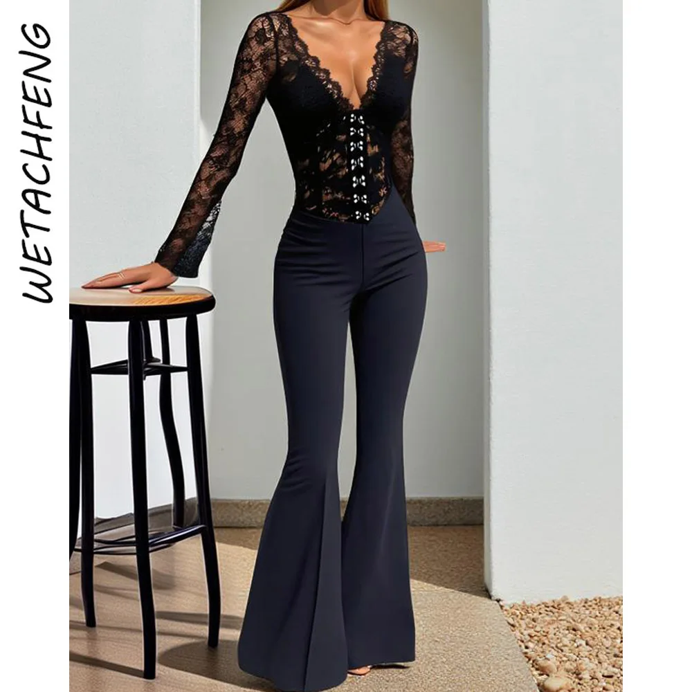 Женские сексуальные черные кружевные комбинезоны с глубоким v-образным вырезом и длинными рукавами, осенние элегантные брюки-клеш, цельный комбинезон
Женские сексуальные черные кружевные комбинезоны с глубоким v-образным вырезом и длинными рукавами, осенние элегантные брюки-клеш, цельный комбинезон 