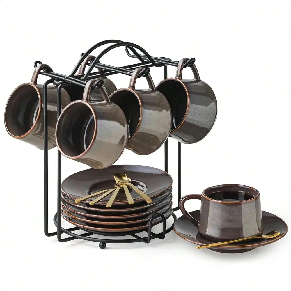 Cups With Saucers And Metal Stand, 4 Oz Ceramic Expresso Shots Cup Espresso Small Coffee Cups Set Of 6, Beige
Cups With Saucers And Metal Stand, 4 Oz Ceramic Expresso Shots Cup Espresso Small Coffee Cups Set Of 6, Beige