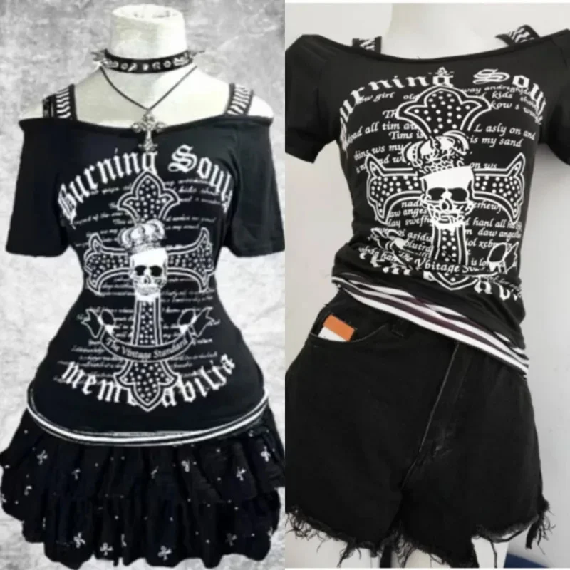 Y2K Graphic T-shirts Streetwear Sexy Sling Tee Vintage Stripe Patchwork Short Sleeve Gyaru New Fashion Women Off Shoulder Top
Y2K Graphic T-shirts Streetwear Sexy Sling Tee Vintage Stripe Patchwork Short Sleeve Gyaru New Fashion Women Off Shoulder Top