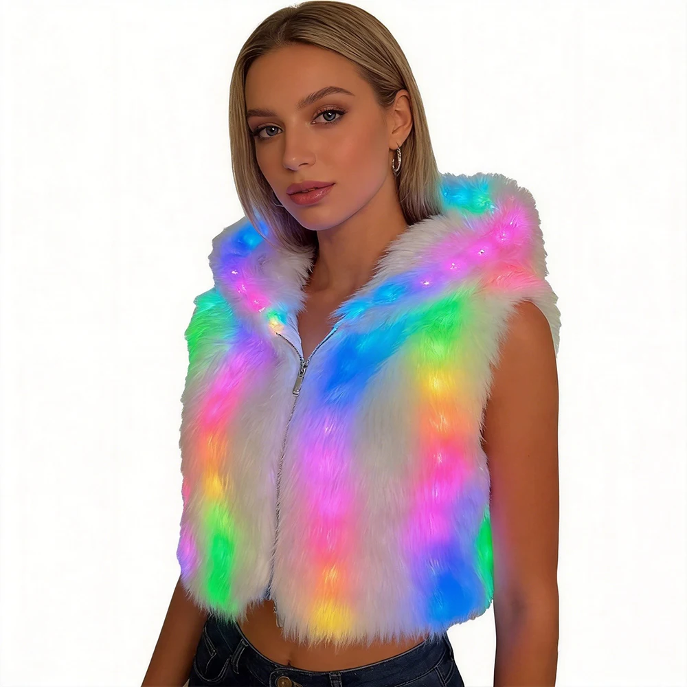 Color Changing LED Faux Fur Vest Hooded Shiny Fluffy Fur Crop Top Party Clubwear Glowing Rave Outfit for Women
Color Changing LED Faux Fur Vest Hooded Shiny Fluffy Fur Crop Top Party Clubwear Glowing Rave Outfit for Women
