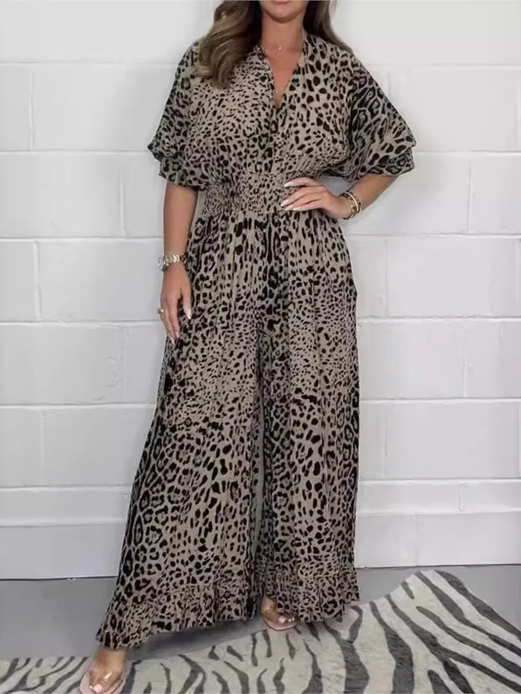 Women's Fashion Print Jumpsuit Casual Leopard Ruffles V-Neck High Waist Wide Leg Long Pants Jumpsuits For Women Summer New 2025
Women's Fashion Print Jumpsuit Casual Leopard Ruffles V-Neck High Waist Wide Leg Long Pants Jumpsuits For Women Summer New 2025